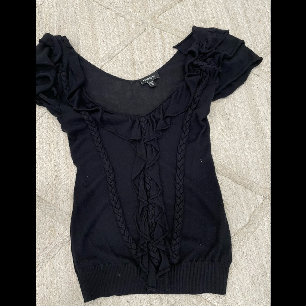Black ruffle and braid detail blouse